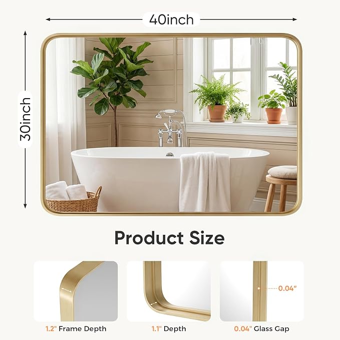 Sweetcrispy Bathroom Wall Mirror, 40x30 Inch Mirror for Over Sink, Gold | Modern Wall Mount Vanity Mirror, Rounded Rectangle with Matte Brush Metal Framed, for Home Decor, Living Room, Bedroom
