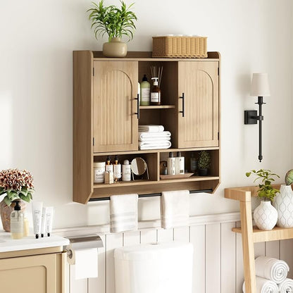 RUSTOWN Fluted Bathroom Wall Cabinet, Mid-Century Modern Medicine Cabinet with Adjustable Shelves & Towel Bar,3-Tier Wall Mounted Cabinets, Over The Toilet Storage Cabinets for Bathroom, Natural Oak