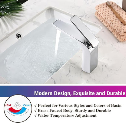 TOCALOCA White and Polished Chrome Bathroom Sink Faucet Single Handle 1 Hole Vanity Sink Faucet Cold and Hot Water Mixer Tap, Single Lever Lavatory Faucet