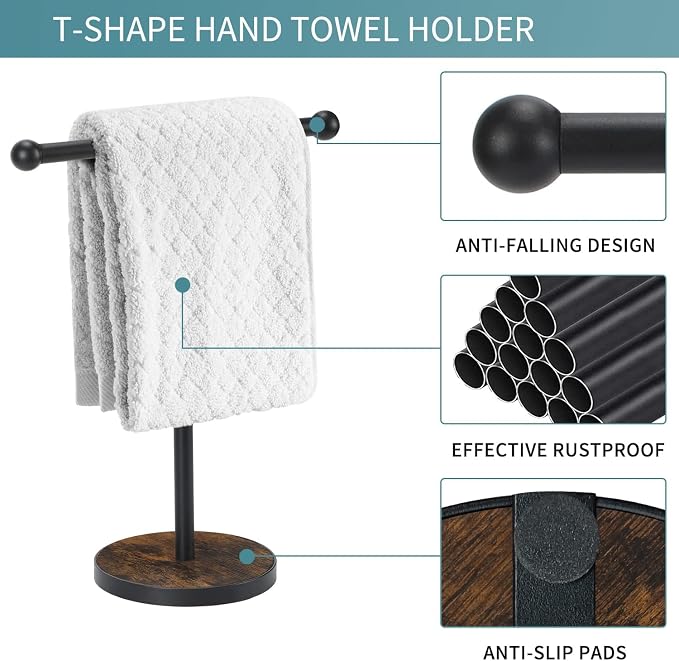 YINMIT Towel Holder Stand, T-Shape Height 15” Wood Countertop Hand Towel Stand, Hand Towel Racks with Heavy Base for Bathroom Kitchen Countertop Vanity