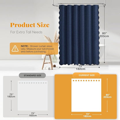 BTTN Long Shower Curtain, 72x80 Boho Scalloped Linen Textured Thick Fabric Shower Curtain Set with 12 Plastic Hooks, Large Elegant Farmhouse Waterproof Cloth Shower Curtains for Bathroom, Navy Blue