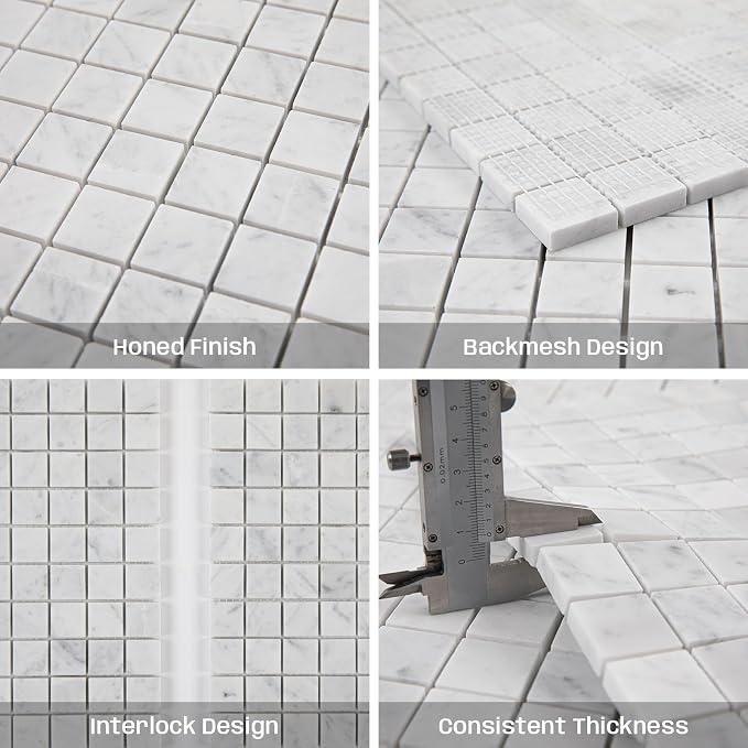 Carrara Marble Mosaic Tile for Kitchen Bathroom Floor 1 Inch Square 5 Pcs | Water & Heat Resistant Honed Marble Backsplash Tiles for Wall Fireplace Surround Durable Unique Veins 3.9SQFT