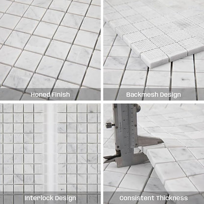 Carrara Marble Mosaic Tile for Kitchen Bathroom Floor 1 Inch Square 5 Pcs | Water & Heat Resistant Honed Marble Backsplash Tiles for Wall Fireplace Surround Durable Unique Veins 3.9SQFT