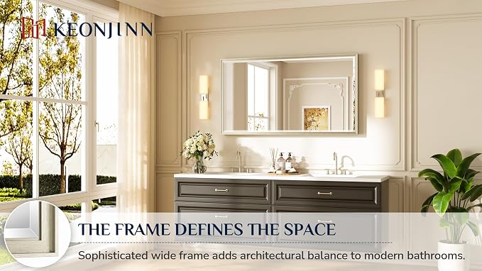 Keonjinn 55" x 30" Brushed Nickel Bathroom Mirrors for Over Sink, Aluminum | Tempered Glass Beveled Edge, Scratch Resistant Metal Frame, French Cleat, Silver Bathroom Vanity Mirror(Vertical/Horizontal)