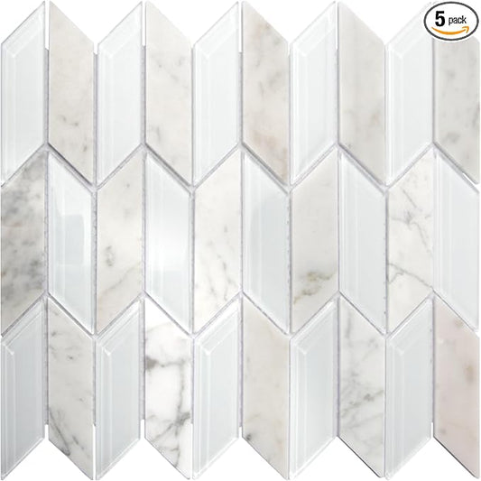Art3d 11x12 inch White Marble Glass Mosaic Tile, Mesh-Mounted (4 sq.ft/Box) for Kitchen Backsplash, Bathroom, Shower Wall, 5 Pieces