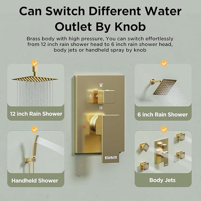 Shower Systems with 4 Body Spray Jets, STARBATH 4 Way 12+6" Rainfall Shower Head with Handheld Combo, Ceiling Mounted Shower Jets System in Wall Shower Faucet Sets Complete,Brushed Gold