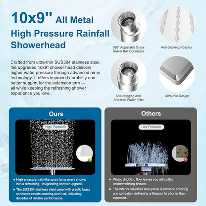 Hibbent All Metal 10" High Pressure Rain Shower Head Combo, Chrome | cUPC Certified Rainfall Shower Head with handheld 10 Sprays, 16'' Adjustable Extension Arm, 71'' Hose, Showerhead Holder