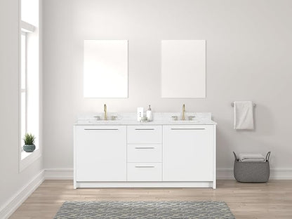 Nona 72" Solid Wood Double Sink Bathroom Vanity | Marble Countertop & Backsplash | Soft Closing Doors & Drawers | Nickel Brushed Handles | White Cabinet Undermount Ceramic Sink Top | Pre-Assembled