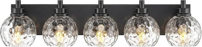 5-Light Black Bathroom Vanity Light, Hammered Glass Globe Shade | 32 Inch matte black modern bathroom light fixture over mirror, UL listed, E26 bulbs, hardwired, upward only, VL200-MB-CL-5