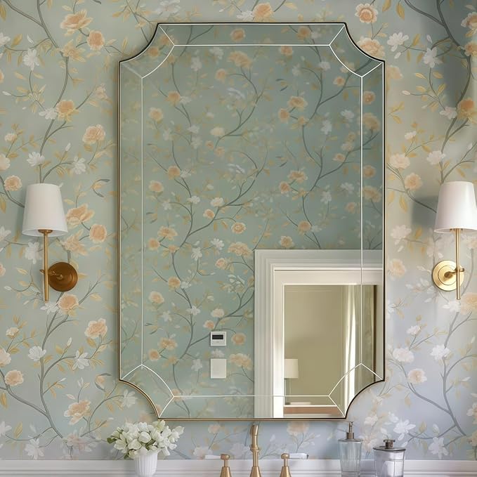 24x36 Scalloped Mirror, Gold Rectangle Wall Mirror with Scallop Corner, Non-Rusting Vanity Mirror with Curved Cutouts Hangs Horizontal & Vertical