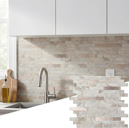 5 - Sheet Peel and Stick Backsplash Wall Tile, PVC Kitchen Backsplash, Stick on Tiles for Backsplash Kitchen (12'' X 12'', Beige Rocks + Rose Gold)