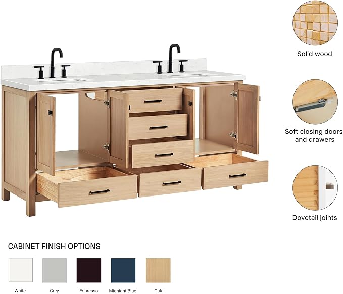 ARIEL Cambridge 72-inch Bathroom Vanity with Sink,Solid Wood, 1.5-inch Carrara White Quartz Countertop, Double Rectangular Porcelain Sink, 4 Soft Closing Doors, 6 Dovetail Drawers, White Oak