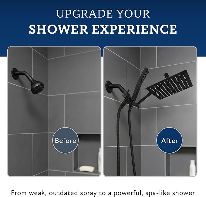 G-Promise All Metal 10" Dual Square Shower Head Combo | Rain Shower Head | Handheld Shower Wand | Adjustable | 3-Way Diverter | 71" Extra Long Hose - A Bathroom Upgrade (Matte Black) | Built to Last, Easy Install, Adjustable Height & Angle for All Heig...