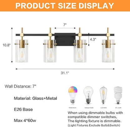 SOLFART Farmhouse Brass Bathroom Vanity Lights fixtures Over Mirror Vintage Bathroom Lighting Wall Sconce with Glass Shade 4 Lights