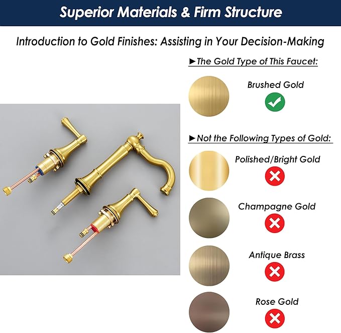 Brushed Gold Faucet Bathroom 8 inch Widespread for 3 Holes with Plastic Pop-Up Drain, Classical 2-Handle Gold Bathroom Vanity Sink Faucets, High Arc 360° Brass Swivel Spout