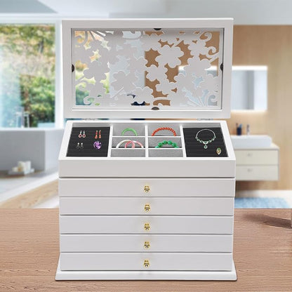 Extra Large Four-Leaf Carved 6 Layers Wooden Jewelry Box Jewelry Case Cabinet Armoire Ring Necklacel Gift Storage Box Organizer (White)