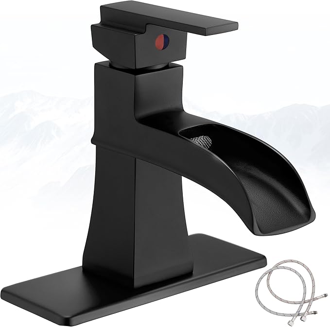 Waterfall Bathroom Faucet Black, Brass Bathroom Faucets One Hole or 3 Hole 4 Inch, Single Handle with Deck Plate & Water Hoses for Morden Lavatory Vanity RV, Not Equipped Pop-up Drain