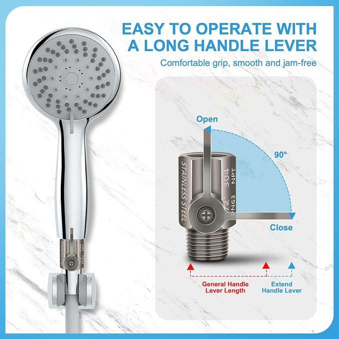 Shower Head Shut Off Valve with Long Handle Lever, 1/2" NPT Stainless Steel | 1/4-Turn Mini Ball Valve, 304 Stainless Steel, Leak-Free, Showerhead Flow Control Water Saver Regulator, Teflon Tape Included