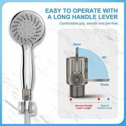 Shower Head Shut Off Valve with Long Handle Lever, 1/2" NPT Stainless Steel | 1/4-Turn Mini Ball Valve, 304 Stainless Steel, Leak-Free, Showerhead Flow Control Water Saver Regulator, Teflon Tape Included