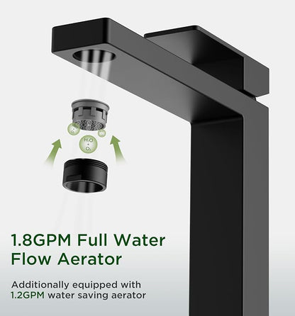 FORIOUS Vessel Sink Faucet Single Hole, Matte Black Tall Bathroom Faucets | For 1 or 3 Hole 4 Inch Centerset Sink, with Pop-up Drain, NSF61 Certificate, Single Handle Faucet for Sink Vanity RV Restroom