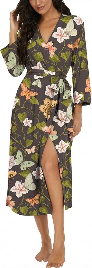 VINTATRE Women Kimono Robes Long Knit Bathrobe Lightweight Soft Knit Sleepwear V-neck Casual Ladies Loungewear
