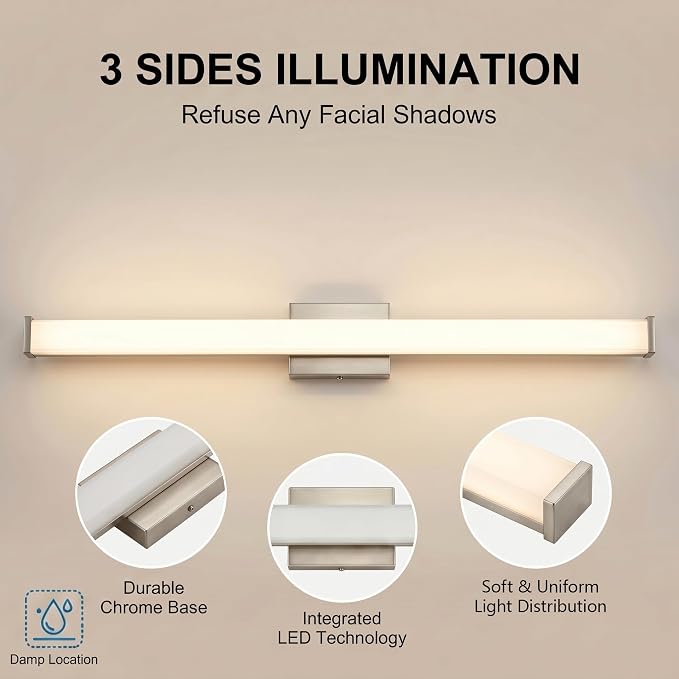 URSOLA 36" Modern LED Bathroom Light Fixtures, Brushed Nickel 3CCT Dimmable Bathroom Vanity Light Over Mirror, Bathroom Vanity Bath Bar Lights with Double Layer Acrylic Shade
