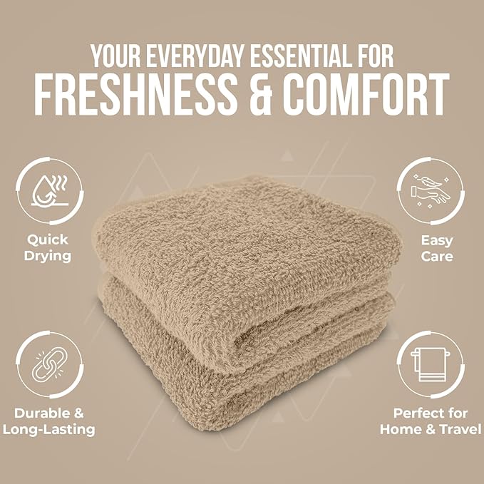 DAN RIVER 24 Pack Cotton Wash Cloths Set for Showering [12x12] Tan | Lighter Weight, Quick to Dry, Super Soft & Absorbent Face Towels, Hotel Quality, Perfect for Bathroom, Gym, Spa
