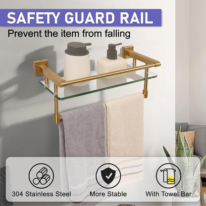 Bathroom Glass Shelf Brushed Gold Finish with Towel Rack, SUS304 Stainless Steel, 16-inch Tempered Glass Shelves for Wall