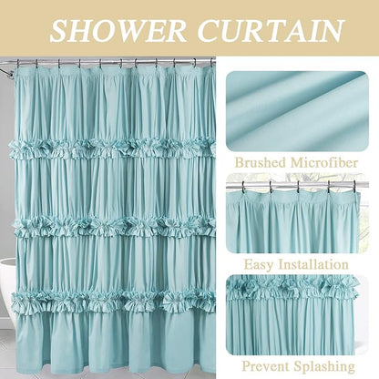 Homechoice Decor Spa Blue Ruffle Shower Curtain with 12 Buttonholes | Vintage Handcrafted Bow Tie Bath Curtain for Master Bathroom, Ruched Microfiber Bathroom Curtain, 72" W x 72" H (LQ-10)