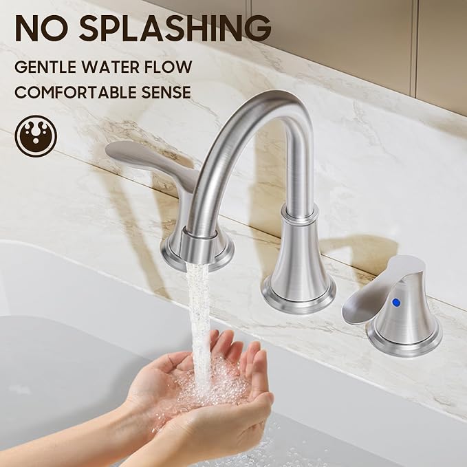 Brushed Nickel Widespread 8 Inch 3 Holes Bathroom Faucet，Two Handles Stainless Steel Bathroom Sink Faucet with Metal Pop-Up Drain and Water Supply Lines, WFTY36-BN