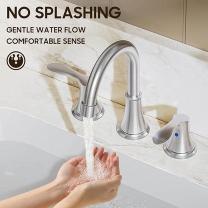 Brushed Nickel Widespread 8 Inch 3 Holes Bathroom Faucet，Two Handles Stainless Steel Bathroom Sink Faucet with Metal Pop-Up Drain and Water Supply Lines, WFTY36-BN