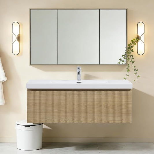 Modern 42'' Floating Bathroom Vanity Sink Combo, Wall-Mounted Striped Cabinet with Soft-Close Drawer, Double Glossy White Basins, Natural Oak Finish - Elegant Storage Solution