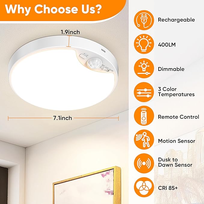 Rechargeable Motion Sensor Ceiling Light, 12000mAh Battery Closet Light | Wireless Battery Powered LED Shower Light, Magnetic Cordless Ceiling Light with Remote, Overhead Lamp for Pantry Shed, 2-Pack
