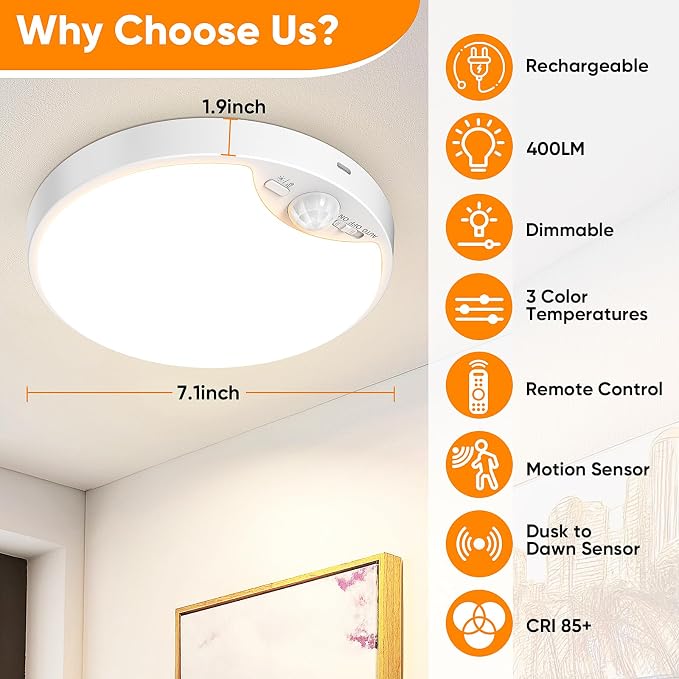 Rechargeable Motion Sensor Ceiling Light, 12000mAh Battery Closet Light | Wireless Battery Powered LED Shower Light, Magnetic Cordless Ceiling Light with Remote, Overhead Lamp for Pantry Shed Hallway