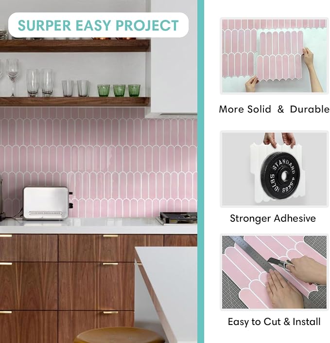 Commomy Thicker Pink Peel and Stick Tile Backsplash - 10 pcs of 12" x 12" - 3D Adhesive Peel and Stick Backsplash for Kitchen, Bathroom, Removable, Waterproof, Vinyl Wall Tile