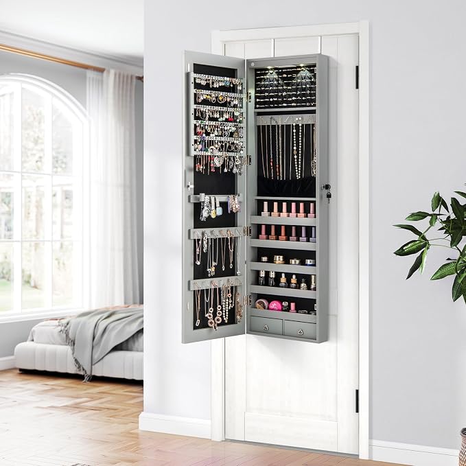 Giantex Wall or Door Mounted Jewelry Armoire with 47.5" Full Length Mirror, Lockable Cabinet with 2 LED Lights, 2 Drawers, Over the Door Large Jewelry Storage Organizer (Gray)