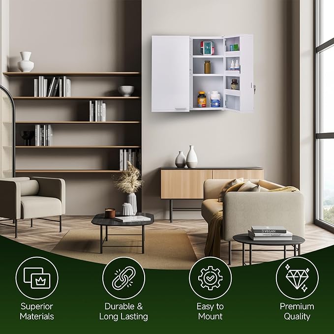 Large Locking Medicine Cabinet Wall Mounted - Metal Medical Cabinet with 11 Shelves - Medicine Cabinet with Lock and Keys for Safe Medication Storage