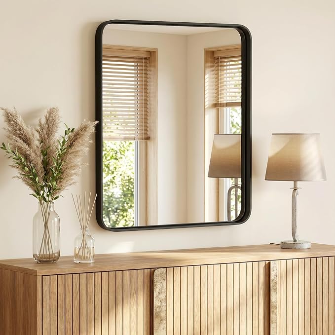 Sweetcrispy Bathroom Mirror 36x30 Inch, Vanity Mirror for Wall | Metal Framed Rounded Rectangle, Over Sink, Farmhouse, Restroom, Anti-Rust, Horizontal or Vertical Hanging, Black