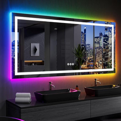 LOAAO 84X32 Inch RGB LED Bathroom Mirror with Lights, Anti-Fog, Dimmable Lighted Bathroom Vanity Mirror, Colorful Multiple Light Modes, RGB Backlit + Front Light, Memory Function, Tempered Glass | Anti-Fog, Dimmable, RGB Backlit + Front Lighted, Memory...