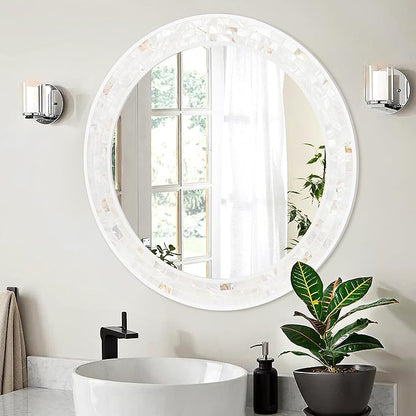 Tanmicoshomy Round Bathroom Mirror 26 Inch, Circle Mirror with Natura Shell Inlay Frame, Decorative Round Mirror for Bathroom Bedroom Living Room Entrayway