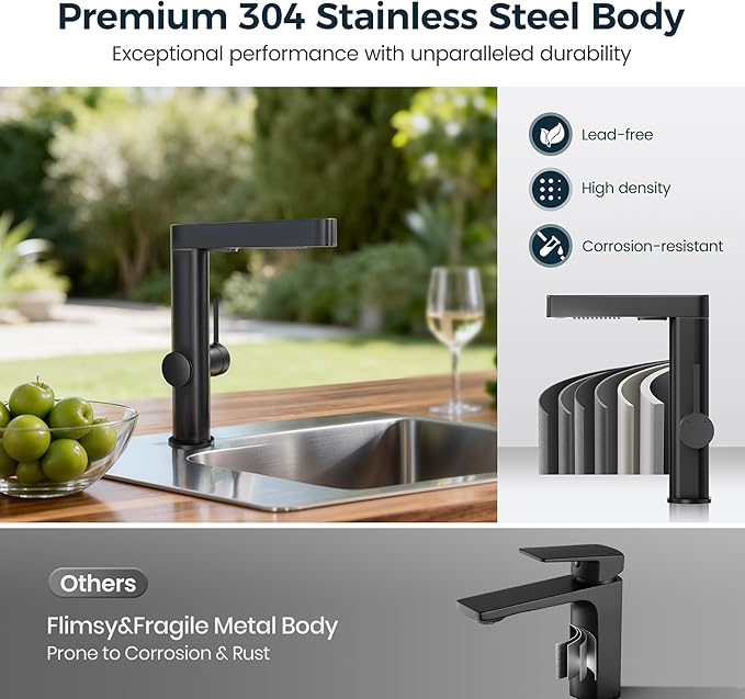 Kitchen Faucet with Pull Down Sprayer,Stainless Steel Waterfall Single Handle Kitchen Faucet with 360° Swivel Sprayer and EPDM Inlet Hose,Matte Grey