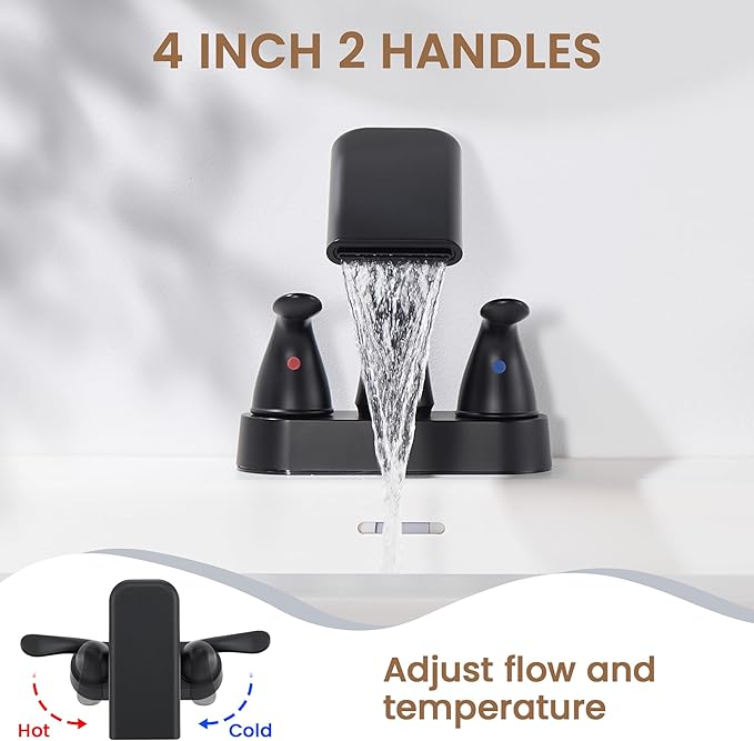 Matte Black Bathroom Faucet 4 Inch Centerset, Waterfall Plastic Bathroom Sink Faucet with Pop Up Drain & Overflow, Dual Handle 360° Swivel Spout, Fits 2 or 3 Hole Lavatory Sink, Modern Design