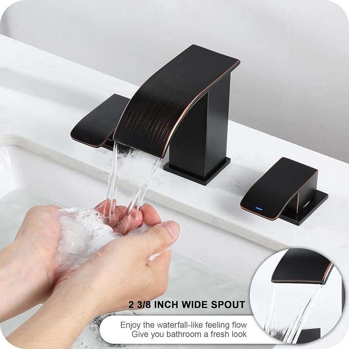 8 Inch Waterfall Bathroom Faucets 3 Hole - Oil Rubbed Bronze Widespread Bathroom Faucet with Pop-up Drain, Two Handles Bathroom Sink Faucet, Modern Vanity Sink faucets with Supply Lines