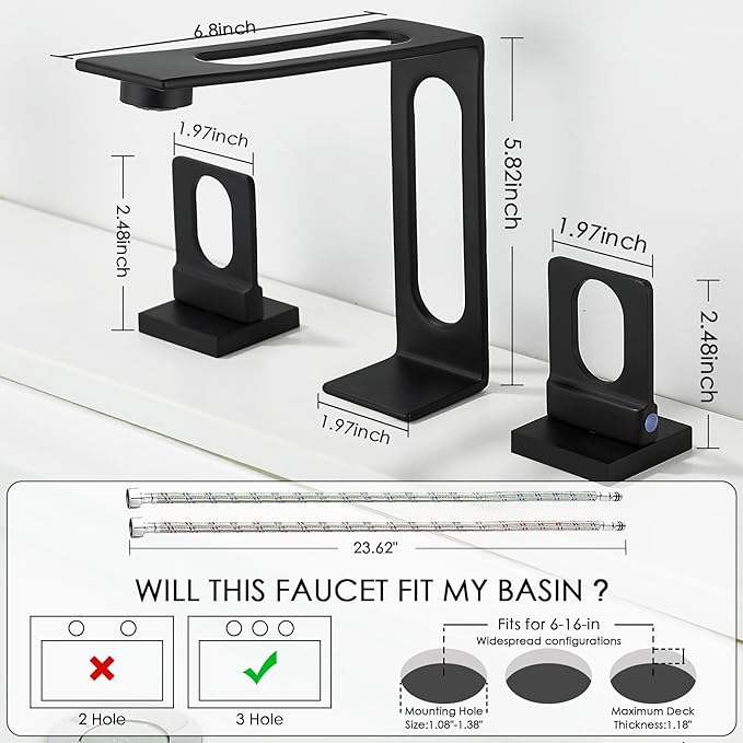 BAKALA Black Bathroom Faucet 3 Hole, 8-Inch Widespread Bathroom Sink Faucet, 2-Handle Matte Black Faucet Bathroom with Water Supply Hoses, Modern Hollowed Design