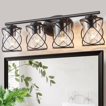 4-Lights Bathroom Vanity Lights, Bathroom Light Fixtures Over Mirror, Matte Black Vanity Light, Farmhouse Wall Lights with Clear Glass Shade, Bathroom Wall Lamp for Mirror Kitchen Bedroom