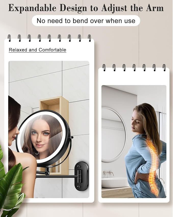 20X 9" Wall Mounted Magnifying Makeup Mirror with Light Height Adjustable | 5000mAh Double Sided Rechargeable LED Lighted Vanity Mirror with Magnification 3 Color Light up Extended Arm 360 Rotation
