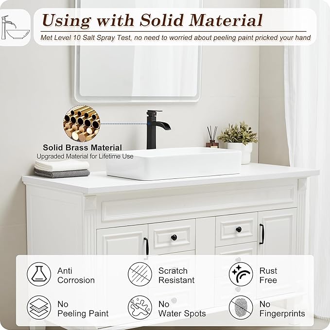 Vessel Sink Faucet Black, 12 Inch Waterfall Tall Bathroom Faucet One Hole with Pop-Up Drain & Pre-Installed Hoses, Single Handle for Bathroom Sink Bowl Deck Mount, Modern, Brass Material