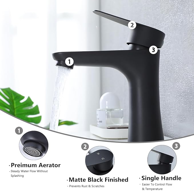VAPSINT Black Bathroom Faucet 1 Hole, Matte Black Single Handle Bathroom Sink Faucet, Single Hole Stainless Steel Modern Vanity Faucets for Vessel RV with Water Supply Hoses and Pop Up Drain