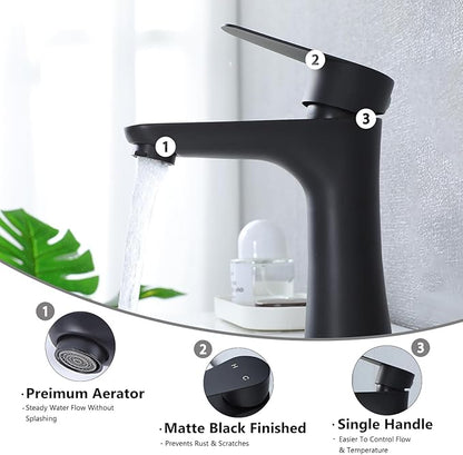 VAPSINT Black Bathroom Faucet 1 Hole, Matte Black Single Handle Bathroom Sink Faucet, Single Hole Stainless Steel Modern Vanity Faucets for Vessel RV with Water Supply Hoses and Pop Up Drain