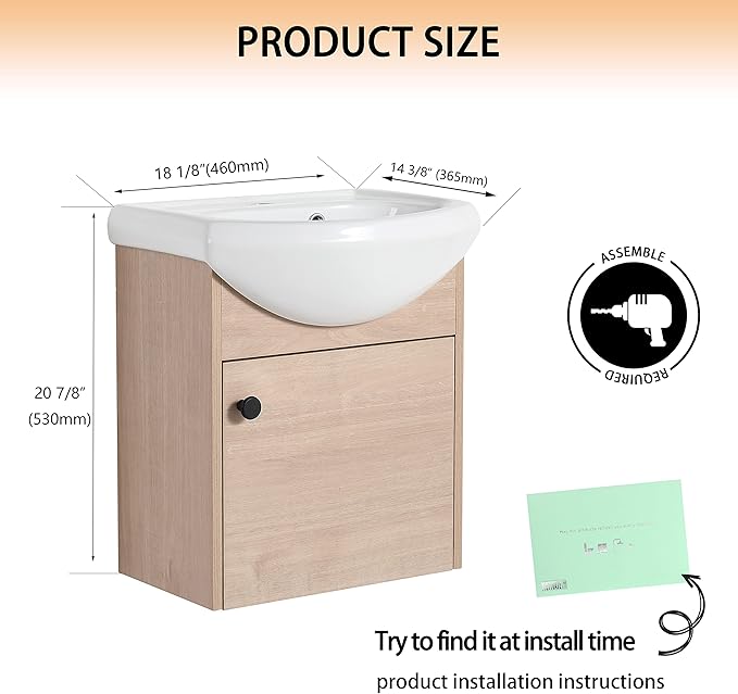 18" Bathroom Vanity with Sink, 18 Inch Floating Bathroom Vanity for Small Space, Modern Bathroom Vanity, Brown Wall Mounted Cabinet Set